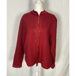 Vintage Alexandra Bartlett Wool Cardigan Red Embroidered Beaded Sweater XLarge